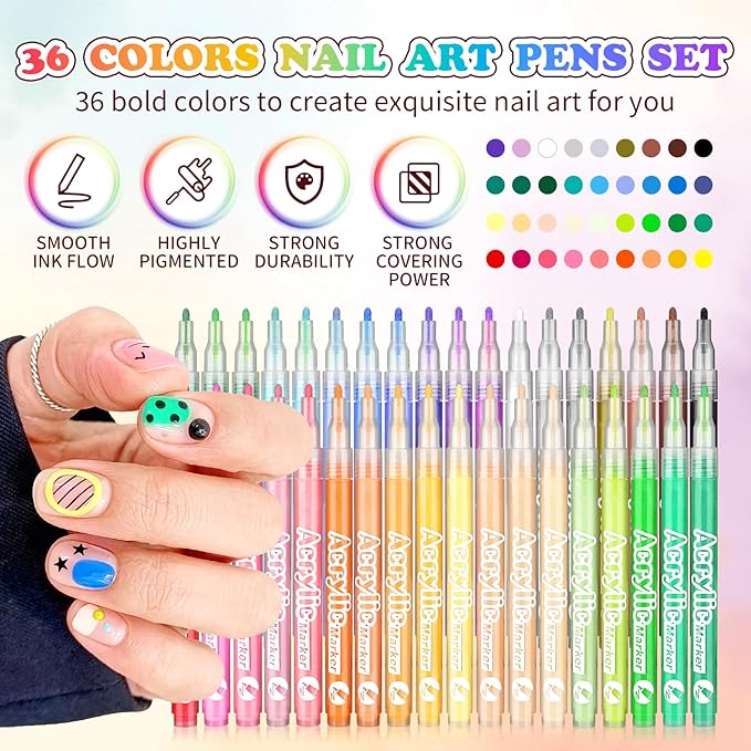 36 Colors Nail Art Pen Set,3D Acrylic Nails Art Markers Pens,Quick Dry Nail Doodle Pens for Home & Salon DIY Nail Art （1.0 mm Pen Nib）