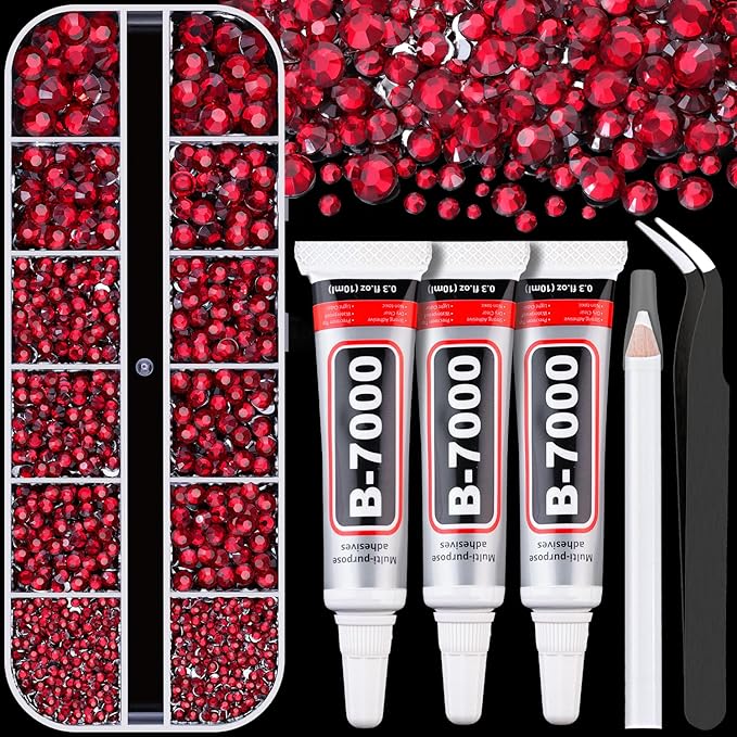Resin Rhinestones for Crafting with B7000 Jewelry Glue, 1 Box Dark Red Flatback Crystals with 3Pcs 10ml Glue for Bedazzling Crafts DIY Nail Art Makeup，Non Hotfix Gems for Clothing Shoes
