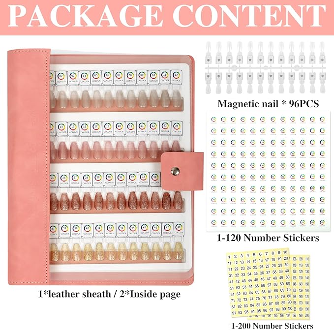 96 Magnetic Nail Color Book,Leather Magnetic Color Display Book with 96PCS Magnetic Tips & 1-120 Number Labels,Perfect for Nail Polish Nails Art Design(Pink)