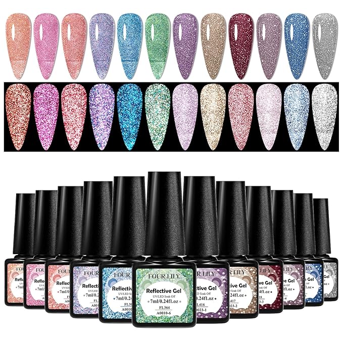 Reflective Glitter Gel Polish Set, 12 Colors Silver Pink Sparkly Glitter Shimmery Gel Polish Shiny Disco Soak Off Gel Nail Polish Nail Art Manicure Salon DIY at Home Gifts for Women Girls