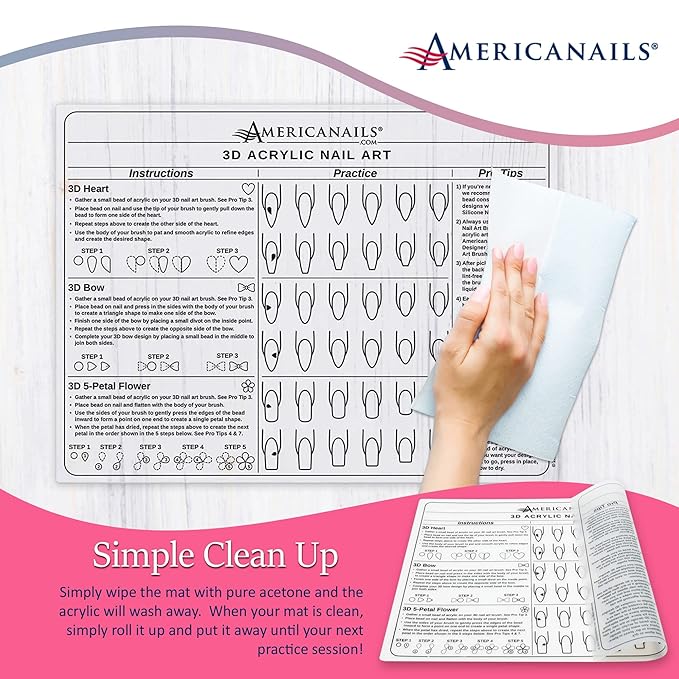 Americanails 3D Acrylic Nail Art Training Mat - Silicone Trainer Sheet for 3D Acrylic Nail Art Design - Step-by-Step Instructions & Diagrams - Create Hearts, Bows & Flowers - Protects Desk Surface