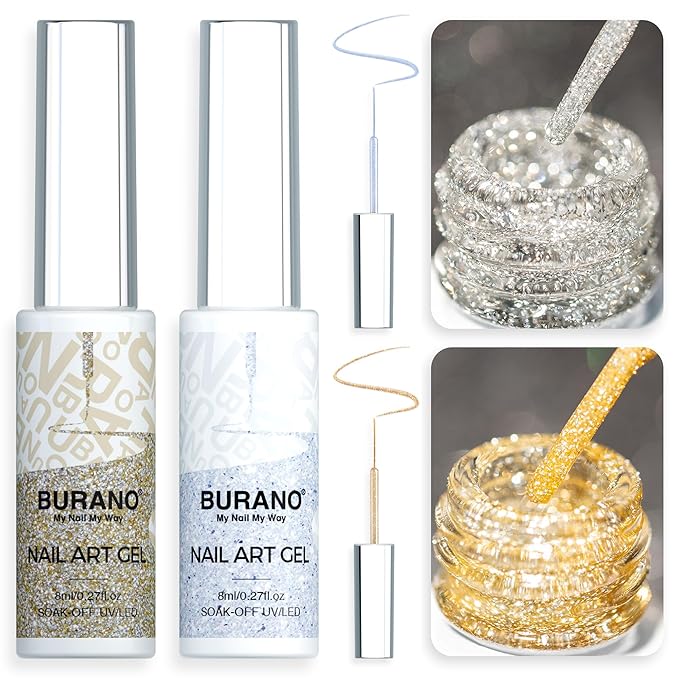 BURANO Holographic Gel Nail Polish Liner Nail Art Polish, Silver Gold Reflective Glitter Painted Gel Nail Design Polish 2 Bottle 8ml, Build in Thin Nail Brush Curing Required LX17 LX13