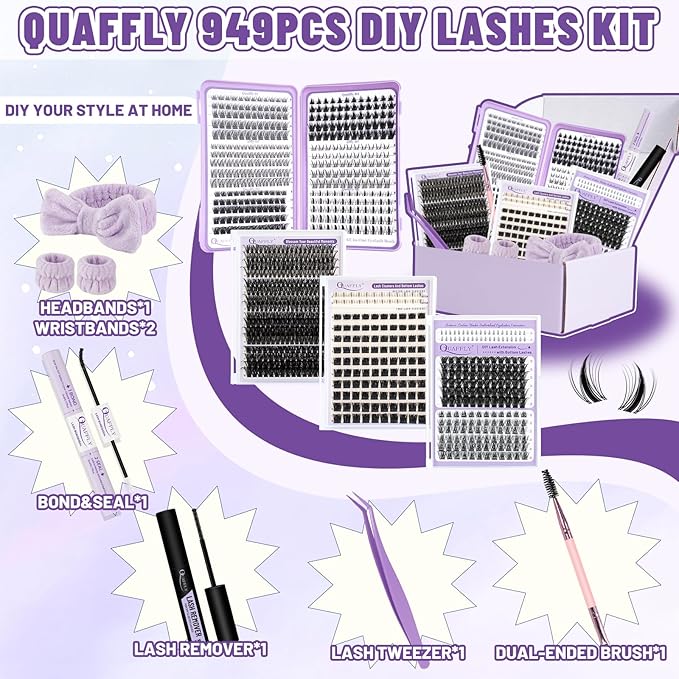 Lash Clusters Kit 949pcs Natural Cluster Lashes With Bottom Lash Manga Lashes with Lash Bond and Seal Remover Dual-Ended Brush Headband Wristband Tweezer Lash Extension Kit for Beginner