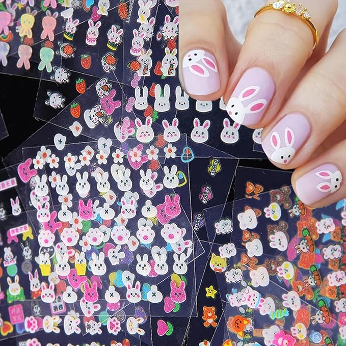 30 Sheets Easter Nail Art Stickers Rabbit Nail Sticker 3D Self-Adhesive Nail Decals Cute Cartoon Bunny Egg Nail Art Design for Women Nails Art Decorations Manicure Accessories