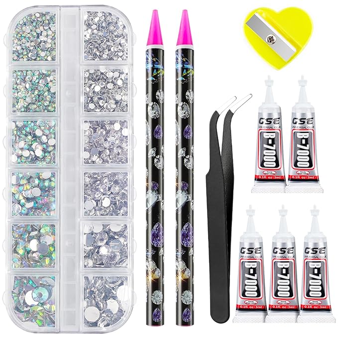 Canvalite Rhinestones 2784PCS in 6 Sizes Flat Back Gems, Crystal AB Art Gems with 5Pcs Jewelry Glue, Pick Up Tweezers and Picker Dotting Pen for Nails, Makeup, Stocking Stuffers Gifts for Women