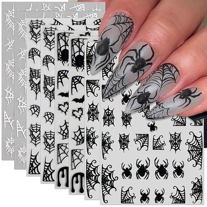 Halloween Spider Web Nail Stickers, 8 Sheets Black White Web Self-Adhesive 3D Nail Art Decals for DIY Manicure