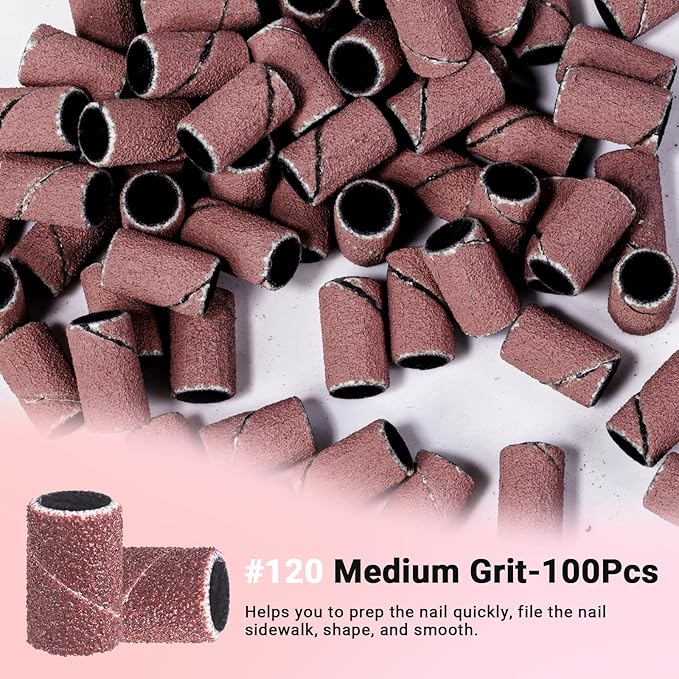 MelodySusie 100 Pcs Nail Drill Bits Sanding Bands for Nail Drill 120 Medium Grit Nail File Sanding Bands for Acrylic Nails Gel Manicures and Pedicure