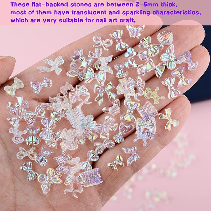 100 Pieces 3D Resin Butterfly Bear Nail Charms Rose Flower Peach Bow Snake Rabbit Animal Shaped Nail Art Rhinestones Pearls for DIY Nail Art Decoration Making Craft (Transparent AB)