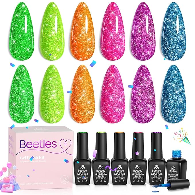 beetles Glitter Gel Nail Polish Set - Neon Carnival 6 Colors Reflective Glitter Gel Polish Set Pink Green Purple Blue Spring Bright Sparkly Gel Nails Soak Off Uv Led Salon Easter Gift for Women