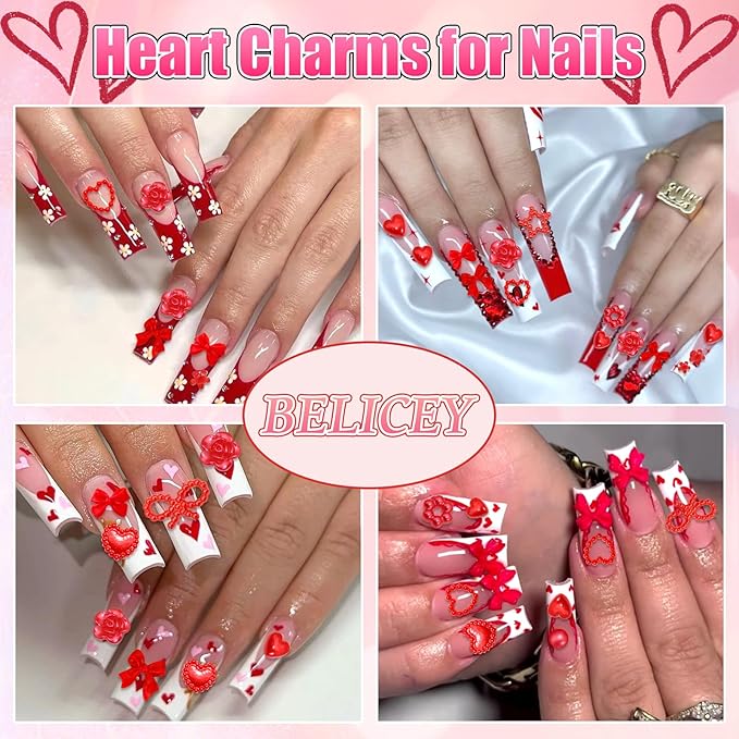 BELICEY Valentines Red Heart Nail Charms Cute Resin Bows Flowers Star Nail Art Charms Flatback Nails Rhinestone and Gem Nail Pearls for DIY Manicure Jewelry for Women Accessories Supplies