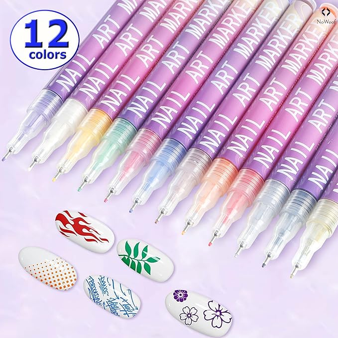 12 Colors Nail Art Pens Set – 0.5mm Fine Tip Nail Art Markers & Quick-Dry Nail Polish Pens for DIY Nail Art, Manicure, Salon Drawing, Dotting & Painting (12 PCS)