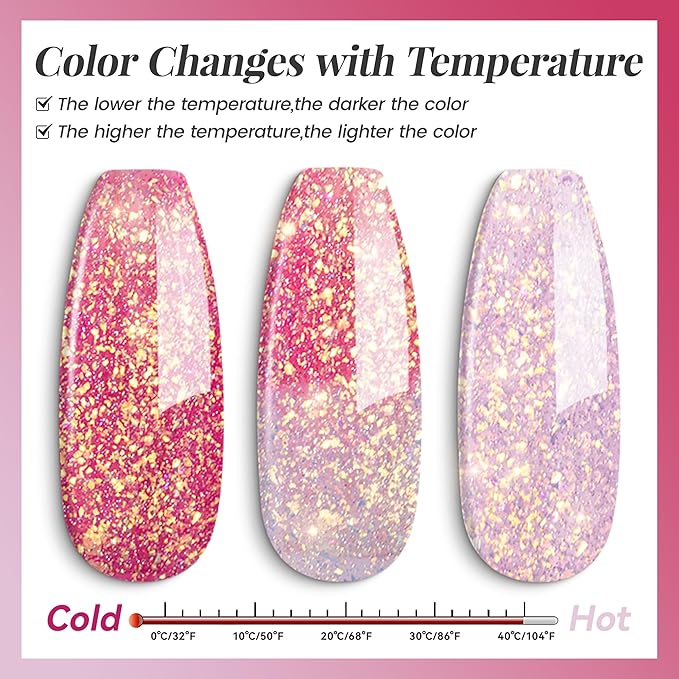 YTD Likomey Color Changing Gel Nail Polish,Brocade Glitter 15ml Light Pink To Peach Red Shimmer Glitter Mood Temperature Change Colors Iridescent Flakes Fall Winter Ombre Thermal UV Nail Gel,WB341