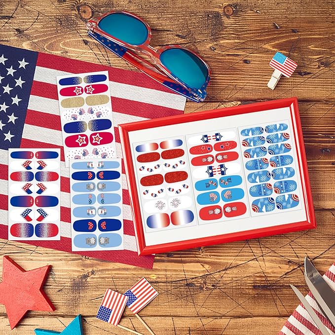 DANNEASY 16 Sheets Independence Day Nail Wraps for Women 4th of July Nail Polish Stickers Solid Color Nail Polish Strips Self-Adhesive Fingernail Stickers with Nail File, Cuticle Stick