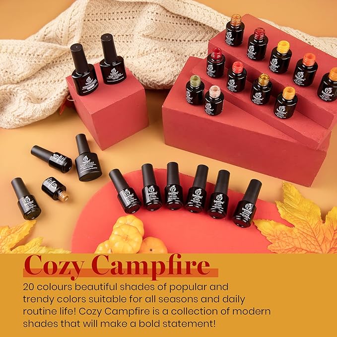 Beetles 20 Pcs Gel Polish Kit - Cozy Campfire Collection Fall Winter Orange Yellow Green Soak Off Lamp Base Top Coat Nail Art Brushes Set Design Pen