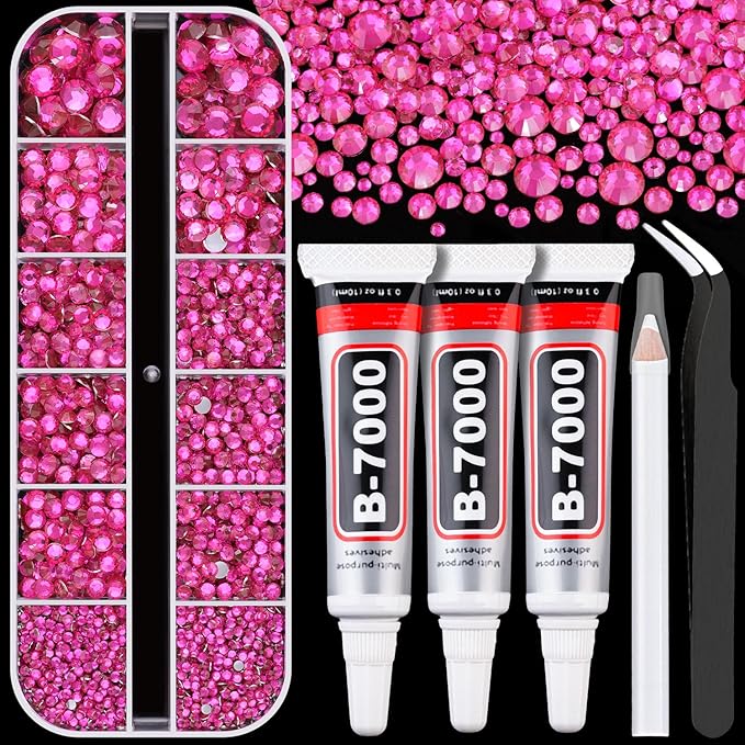 Resin Rhinestones for Crafting with B7000 Jewelry Glue, 1 Box Hot Pink Flatback Crystals with 3Pcs 10ml Glue for Bedazzling Crafts DIY Nail Art Makeup，Non Hotfix Gems for Clothing Shoes
