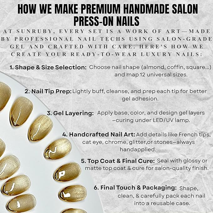 Press On Nails Short Almond Iridescent Nude-Cat Eye with Gold Glitter French Tip | Reusable Soft Gel Nails in 12 Sizes 24 Nail Kit with Glue | Designed in L.A, Handmade in Vietnam | Golden Eye