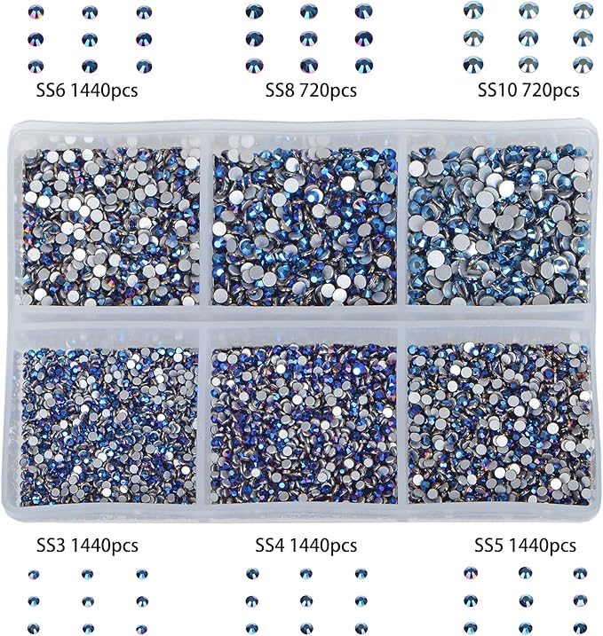 Bymitel 7200 Pieces 6 Mixed Sizes Glue Fix on Glass Rhinestones Round Crystal Gems Flatback for DIY Jewelry Making with one Picking Pen (6-Sizes 7200PCS, Mine Blue)