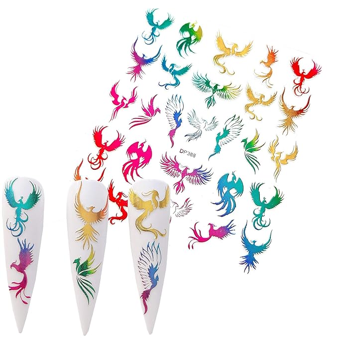 NAIL ANGEL 12Sheets Nail Art Adhesive Sticker Sheets Gold and Rainbow Color Dragon Peacock Phoenix Shapes Nail Art Decoration 10257