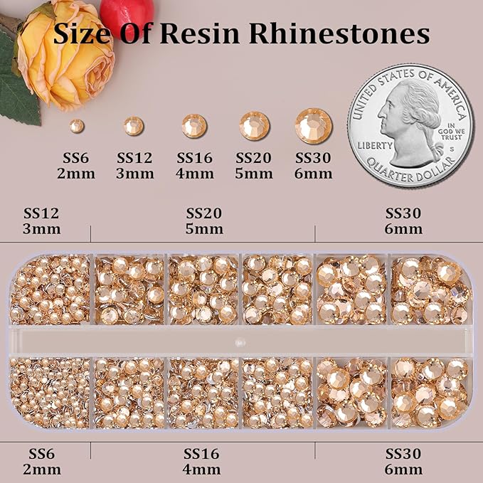 Resin Rhinestones for Crafting, 1 Box Champagne Flatback Crystals for Bedazzling Crafts DIY Nail Art Deco, Non Hotfix Bulk Gems for Tumbler Shoes Clothing Fabric Face Makeup
