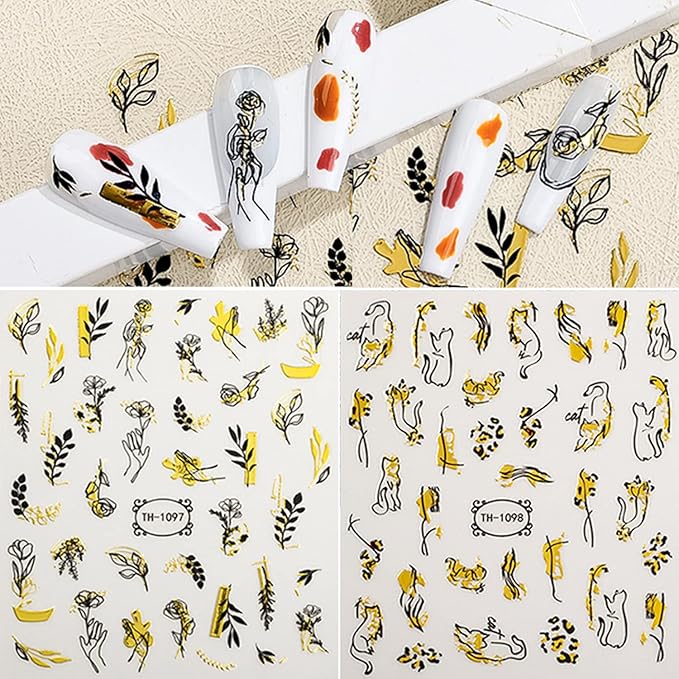 12 Sheets Graffiti Nail Art Stickers 3D White Black Gold Stripe Line Nail Decals Self-Adhesive Abstract Marble Wave Flower Leaf Stickers for Nail DIY Decoration Nail Accessories for Women French Nail