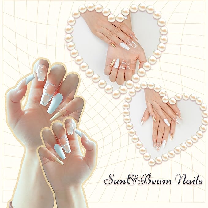 Sun&Beam Nails Handmade Press-on Medium Coffin Ballerina Nude Beige Gold White French Rhinestone Design Fashion False Nail Tips 10 Pcs Set (#179 L)