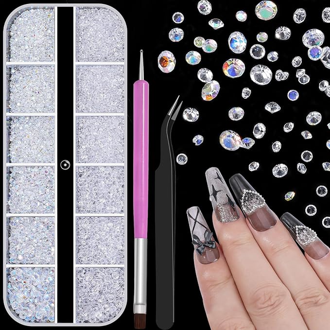 6800Pcs White AB Resin Rhinestones, 1.5mm 2mm 3mm Pointed Bottom Crystals Stones Diamonds Nail Gems Bedazzler Kit with Pickup Tools for Nails Face Eyes Makeup Tumblers Crafts (25-K1-pointed-white)