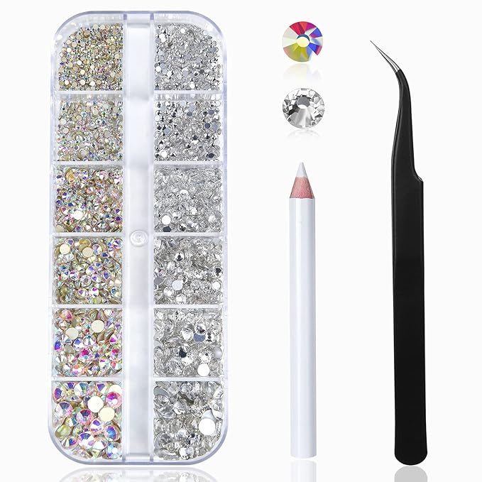 Nail Art Rhinestones Kit HUETFAT 2400pcs Nail Gems Ab Flatback Rhinestones Gems Stones, with Storage Organizer Box/Wax Pencil/Tweezers 6 Sizes (1.5-4.5 mm) for Nail Art Craft (2400pcs)