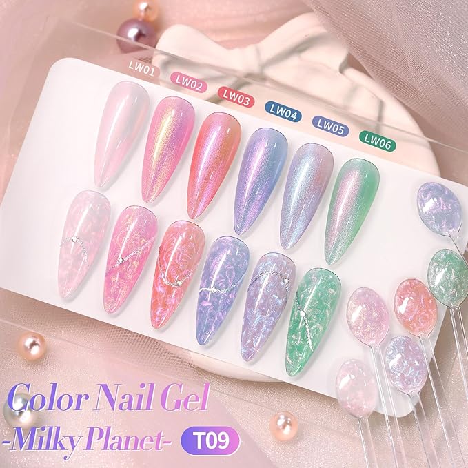 Born Pretty 6 Colors Pearl Gel Nail Polish Set,Aurora Iridescent Shimmer White Pink Purple Mermaid Glitter Gel Polish Shell Swirl Thread Effect Glitter Silk Soak Off U V LED Gift for Women & Girls