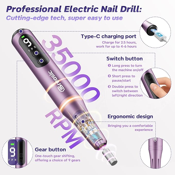 Electric Nail Drill Professional 35000RPM,Rechargeable Electric Nail File Cordless with 9-Speed & LED Display,12-in-1 Portable Manicure Pedicure kit for Acrylic Gel Dip Powder Nails (Purple)