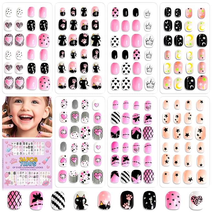 SAVILAND 7 Days Press on Nails for Kids: 168Pcs Children False Artificial Fake Nail Tips Sweet Edgy Pre-glue Full Cover Short Acrylic Nails with Nail Adhesive Tabs Gifts for Girls 8-12 Year (GlamKids)