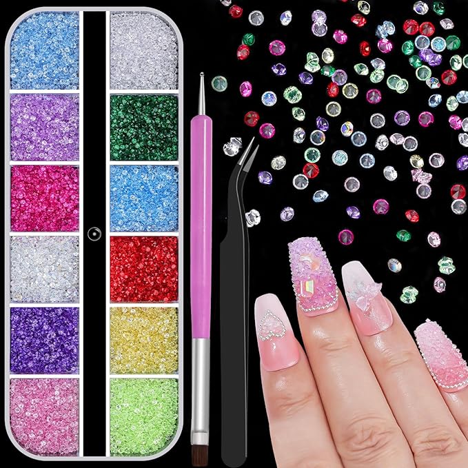 12000Pcs Nail Art Rhinestones Colorful Rhinestones Kit, 1.5mm Pointed Bottom Rhinestones Crystals Stones Diamonds Gems Bedazzler with Pickup Tools for Nails Face Eyes Makeup Crafts (24-K1-1.5mm)
