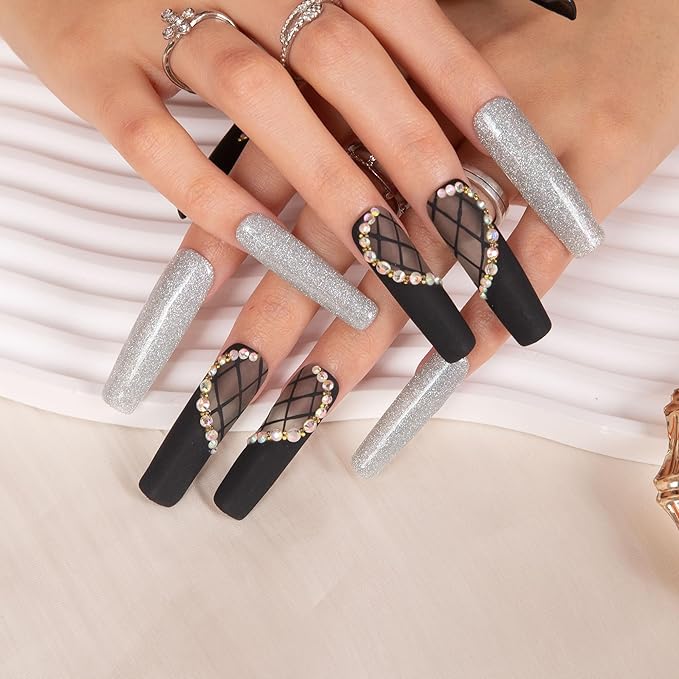 LOVFUL Press on Nails Black Lace| Handmade with Full Covered Crystals| Reusable Fake Nails| Square Mid length 1.7in| H114-L
