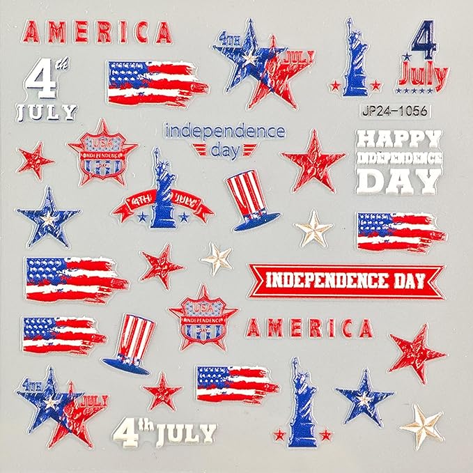 4th of July Nail Art Stickers Set 5D Embossed Red Blue USA Flag Nail Decals 4PCS Five-Pointed Star America UK Flags Design Independence Day Nail Adhesive Stickers for DIY Nail Art Decorations
