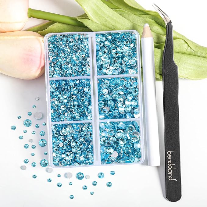 Beadsland 4300pcs Flatback Rhinestones,Blue Rhinestone Nail Gems Round Crystal Rhinestones for Crafts,Mixed 6 Sizes with Picking Tweezers and Wax Pencil Kit, SS6-SS20,Aquamarine