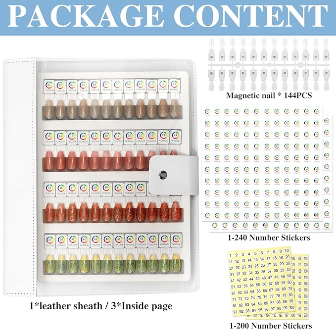 144 Magnetic Nail Color Book,Leather Magnetic Color Display Book with 144PCS Magnetic Tips & 1-240 Number Labels,Perfect for Nail Polish Nails Art Design(White)
