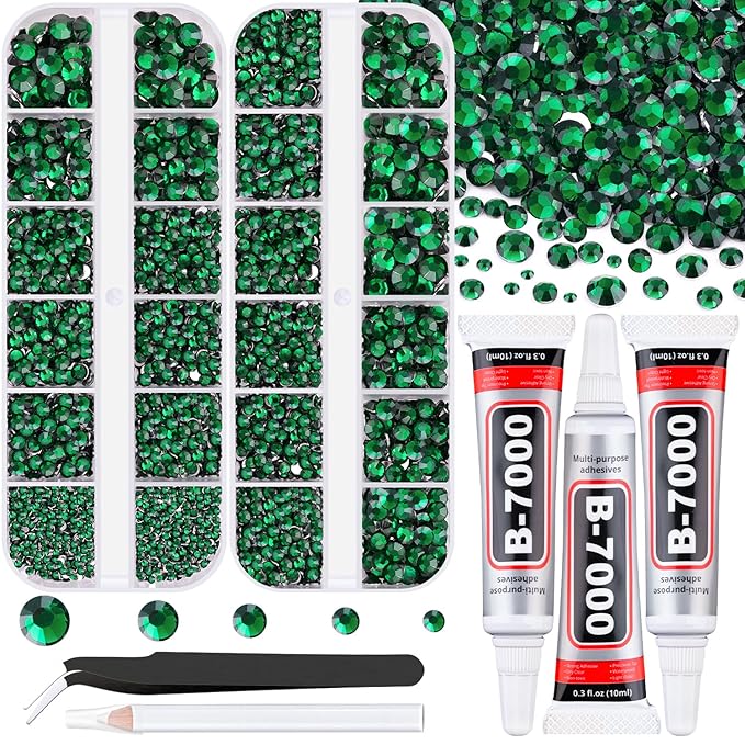 Resin Rhinestones for Crafting with B7000 Jewelry Glue, 2 Boxes Dark Green Flatback Crystals with 3Pcs 10ml Glue for Bedazzling Crafts DIY Nail Art Makeup，Non Hotfix Gems for Clothing Shoes