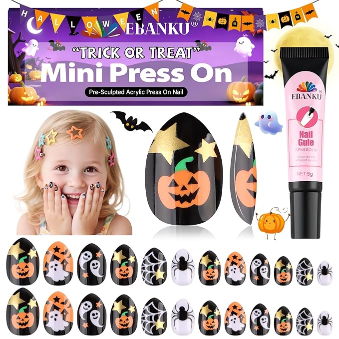 EBANKU Halloween Kid Press on Nails, 24Pcs Almond Fake Nails Kit Full Cover Pumpkin Wed Design Stick on Nail with Nail Glue for Girl