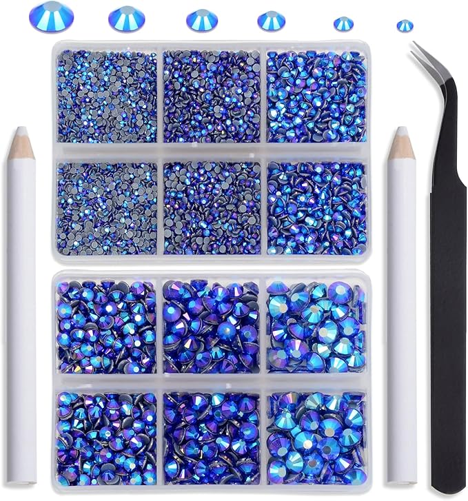 NCB Hotfix Iron on 8000pcs Crystal Rhinestones Round Gem for Crafts Decoration DIY Jewelry Making with a Tweezers and 2 Picking pens (Sapphire AB, 6Sizes SS4-SS30)