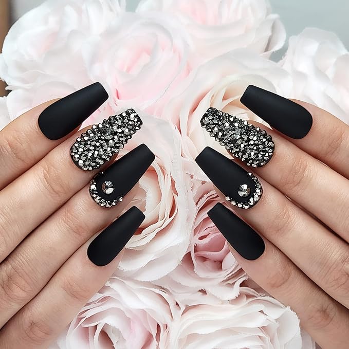 Hypnaughty 24 Pcs Rhinestone Noir Coffin Press On Nails with Gunmetal Color Luxury Rhinestones and Glue Medium Length Glue On False Nails (Rhinestone Noir)