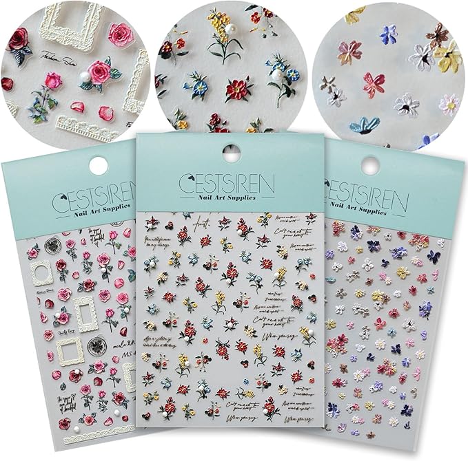 Rose Flower Nail Art Stickers Pearl Rhinestones Embossed Vintage Nail Decals for Nail Art Design Self-Adhesive Nail Accessories for Women Nail Art Supplies 3 Sheets