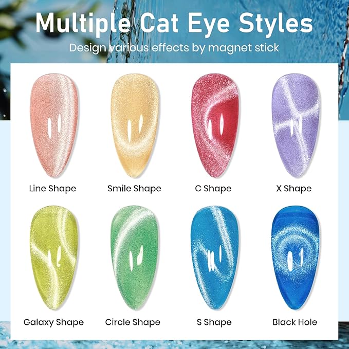 MIZHSE Cat Eye Gel Nail Polish: 8 Colors Summer Magnetic Gel Polish Kit with Magnet Stick, Shimmery Glitter Neon Colors Green Yellow Blue Soak Off Nail Art Salon Home Manicure Women Gift