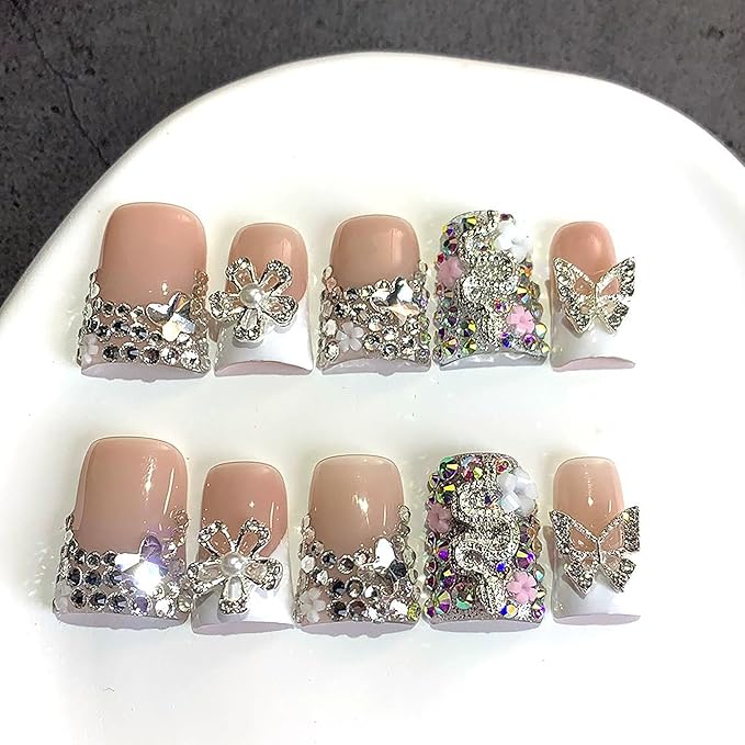 Duck Press on Nails Short Handmade Fake Nails Luxury 3D Reusable French Tip False Nails with Designs Flower Rhinestones Sparkly Glue on Nail for Women 10Pcs (Size M)
