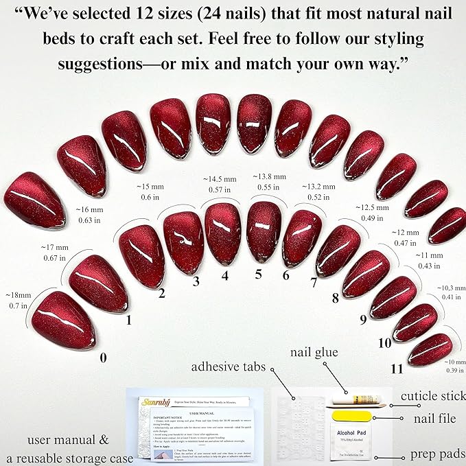 Press On Nails Short Almond Cat Eye Red with Silver Glitter French Tip | Reusable Soft Gel Nails in 12 Sizes-24 Nail Kit with Glue | Designed in L.A, Handmade in Vietnam | Ruby Grace