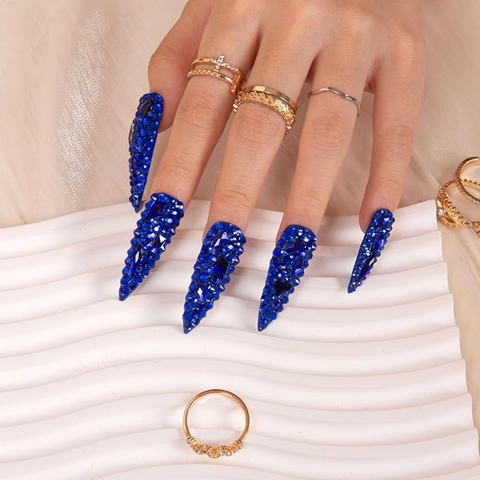 LOVFUL Press on Nails Deep Sea Classic Rhinestone | Handmade with Full Covered Crystals | Reusable Full Cover Nails | Stiletto Mid Length 1.7 in | H75-S