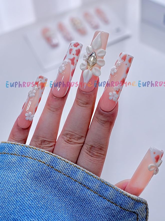 Euphrosyne Long White & Pink Press On Nails – 10pcs Square Fake Nails with 3D Flowers, Hearts & Leopard Print | Trendy Stick-On Nail Art for Women & Girls, Party or Everyday Look