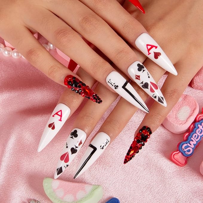 LOVFUL Press on Nails Poker Queen | Handmade with Full Covered Crystals | Reusable Fake Nails | Stiletto Mid Length 1.7 in | H102-S