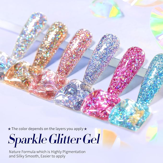 Born Pretty Glitter Gel Nail Polish Set Sparkly Shiny Gold Silver Pink Glitter Gel Polish Kit Soak Off U V Nail Gel Gift Box Nail Art Manicure Varnish Kit 7ML 6PCS