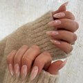 Pearlescent Press on Nails Medium, Glazed Nude Fake Nails Almond Chrome Acrylic Press Ons for Women, Natural Fit Full Cover Glue on Nails in 12 Sizes - 24 Pieces Nail Kit