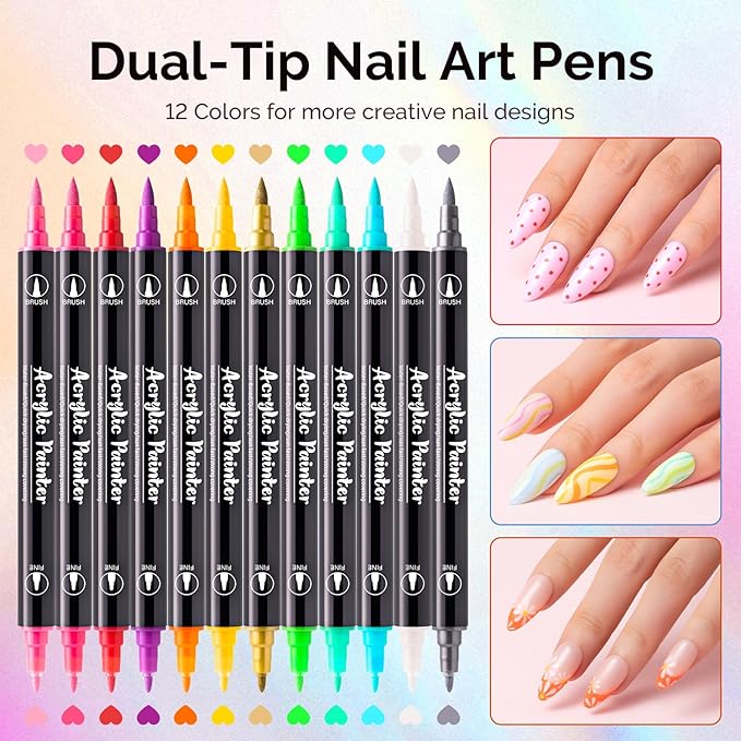 MelodySusie Nail Art Pens Set, 12 Colors Double-Ended Nail Polish Pens for Nail Art, Dual Tip, Nail Dotting Tool, Drawing Pen for Nail Design, Manicure Nail Pens for Salon and DIY at Home
