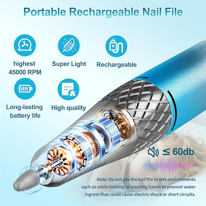 Electric Nail Drill Machine Professional, Cordless Rechargeable Nail Drill Kit Low Heat Quiet E-File for Acrylic Gel Polishing Removing with Bits Kit for Manicure Salon Home (Blue)